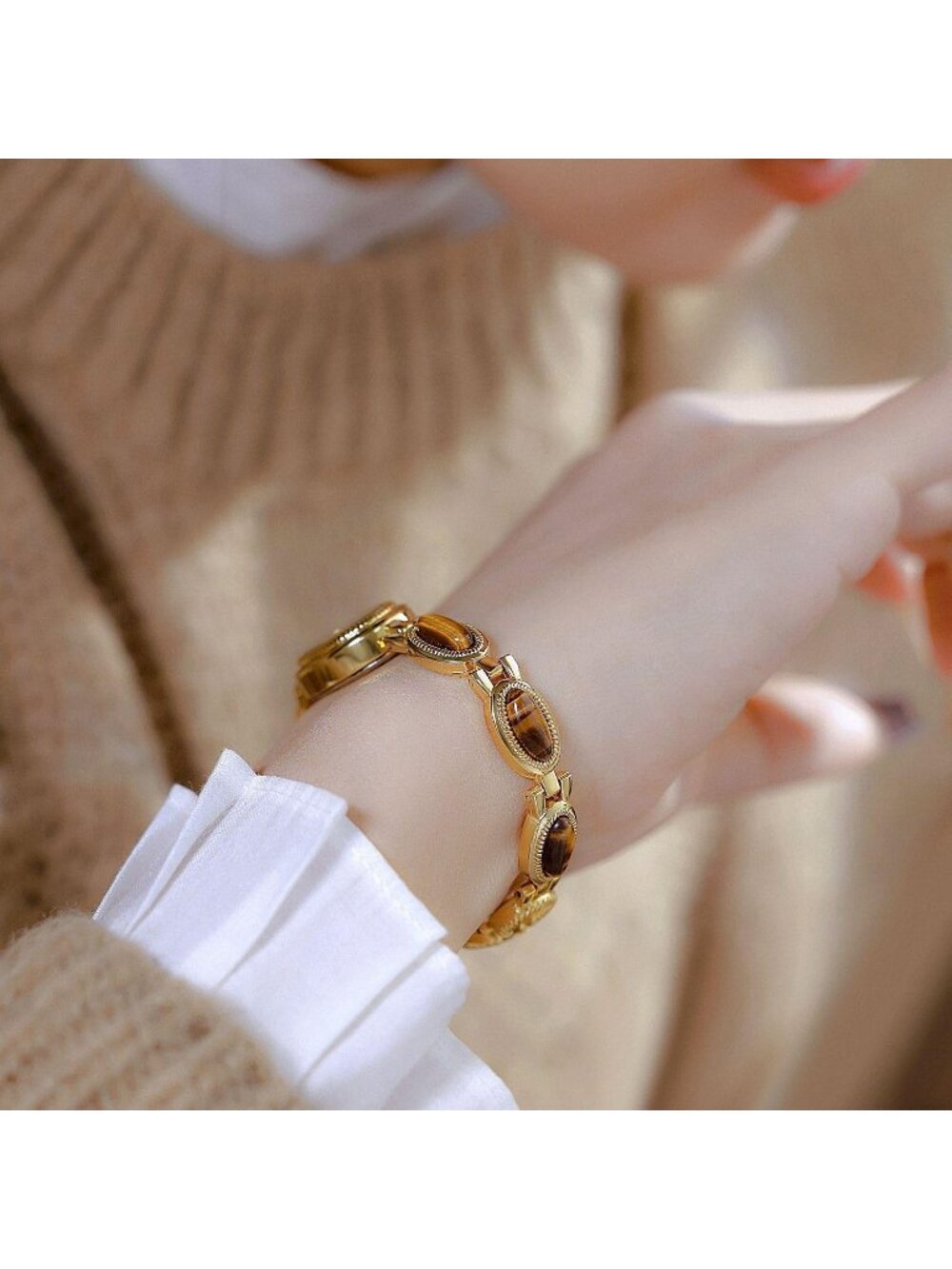 Women's Gold And Brown Analog Quartz Oval Dainty Vintage Bracelet Luxury Watch - Picture 3 of 6
